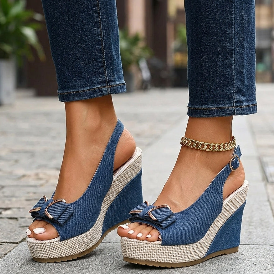 Sandali a zeppa Celeste in denim con fiocco