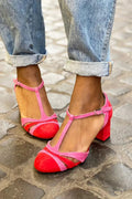 Tacchi larghi cut-out color block Fucsia con fibbia e cinturino a T