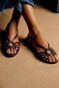 Sandali cut-out peep toe Marrone Scuro con borchie metalliche