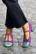 Tacchi larghi color block Viola a punta tonda con fibbia e cinturino a T