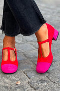 Tacchi larghi patchwork Rosso a punta tonda con fibbia e cinturino a T