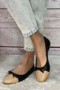 Ballerine color block Nero a punta tonda con fiocco