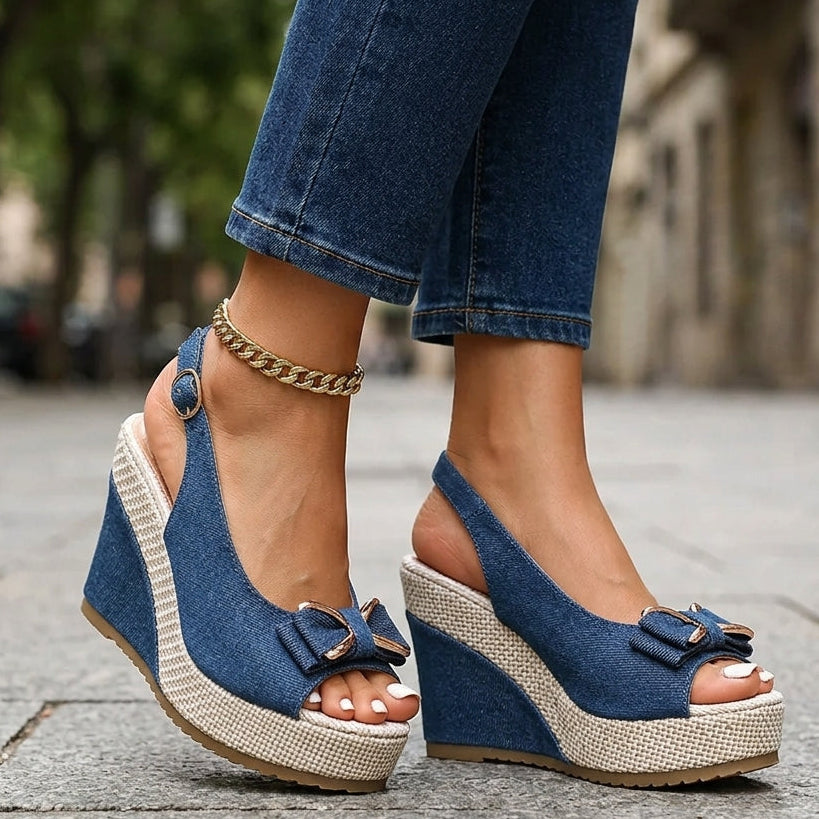 Sandali a zeppa Celeste in denim con fiocco