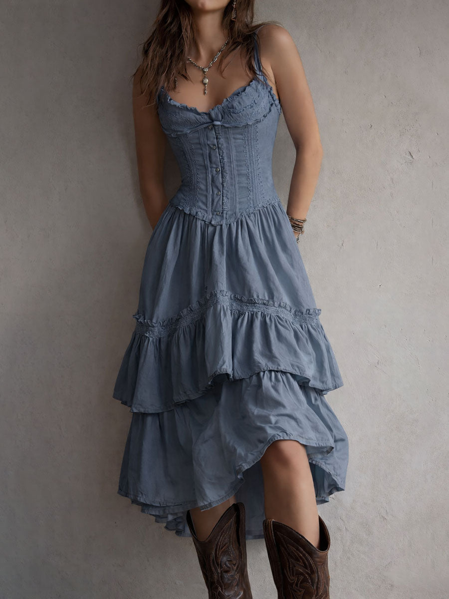 Vestito midi retrò boho a balze con corsetto e bordo in pizzo