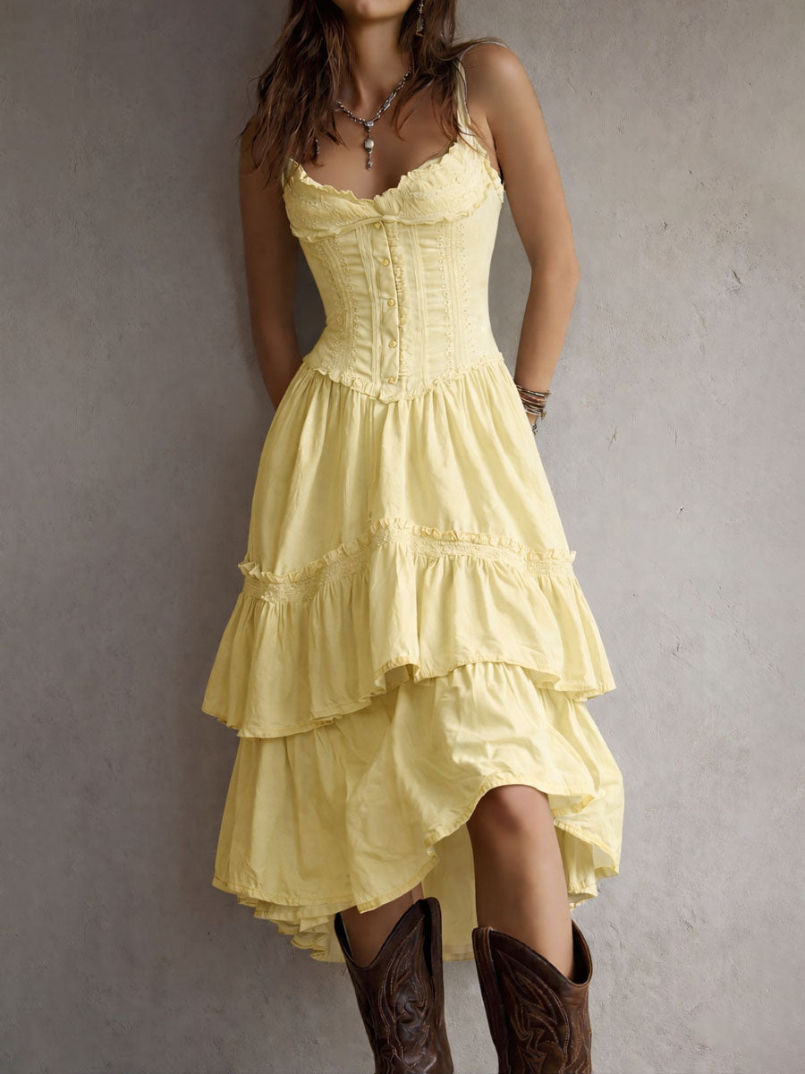 Vestito midi retrò boho a balze con corsetto e bordo in pizzo