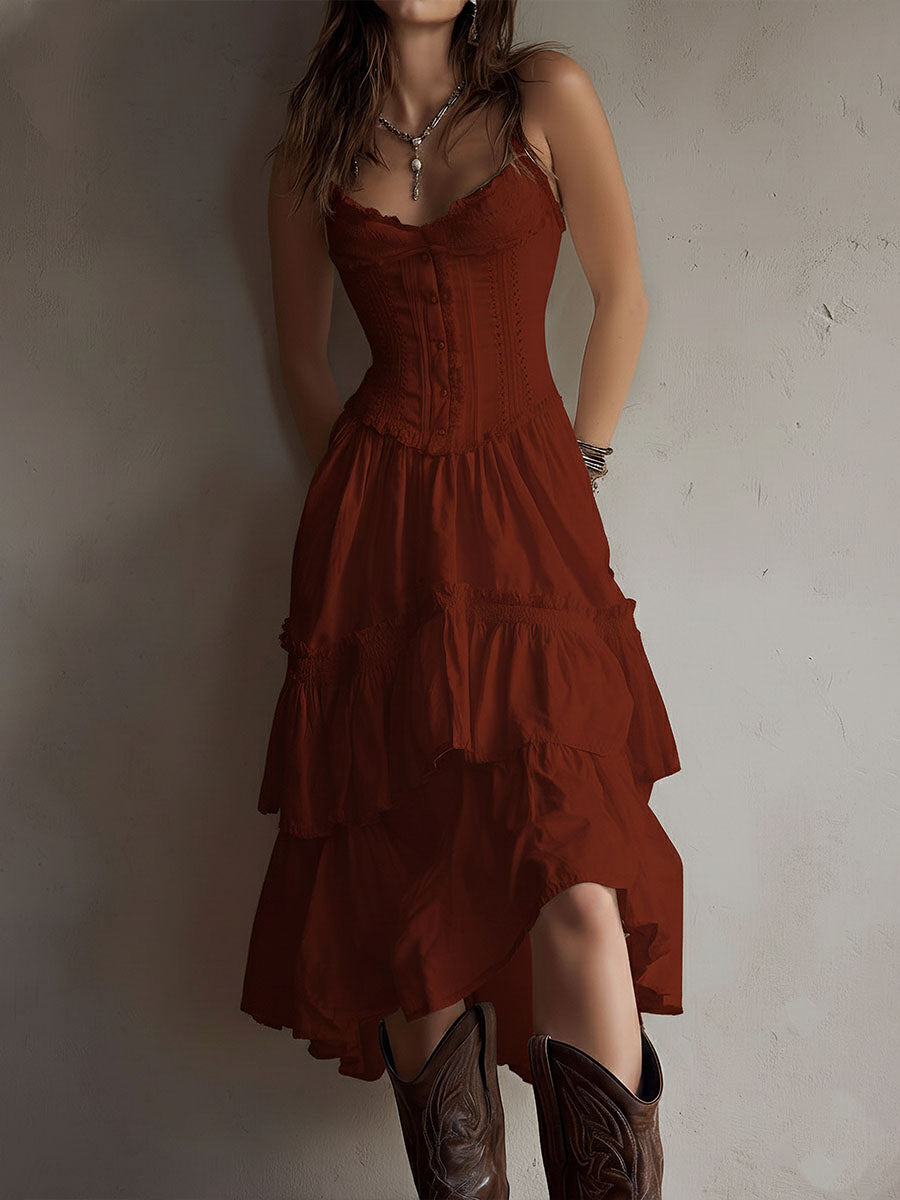 Vestito midi retrò boho a balze con corsetto e bordo in pizzo