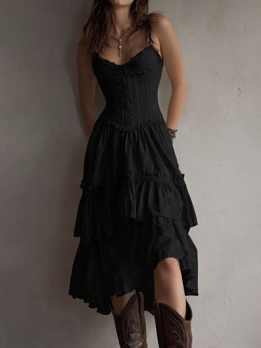 Vestito midi retrò boho a balze con corsetto e bordo in pizzo