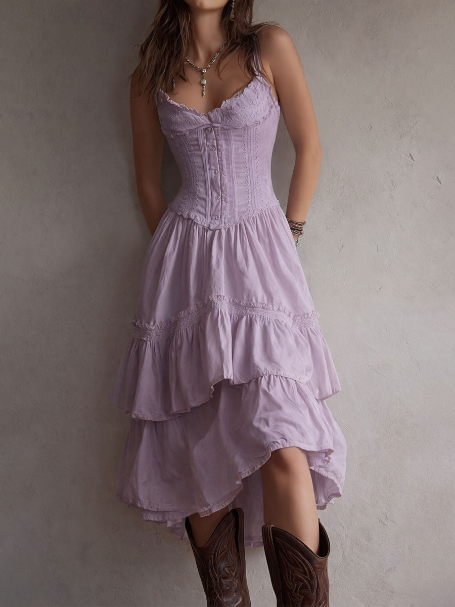 Vestito midi retrò boho a balze con corsetto e bordo in pizzo