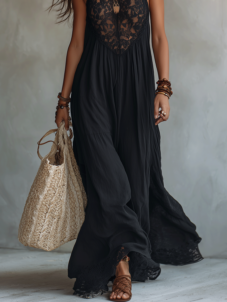Elegante abito bohemiano senza maniche con drappeggio morbido, lungo da sera ad effetto