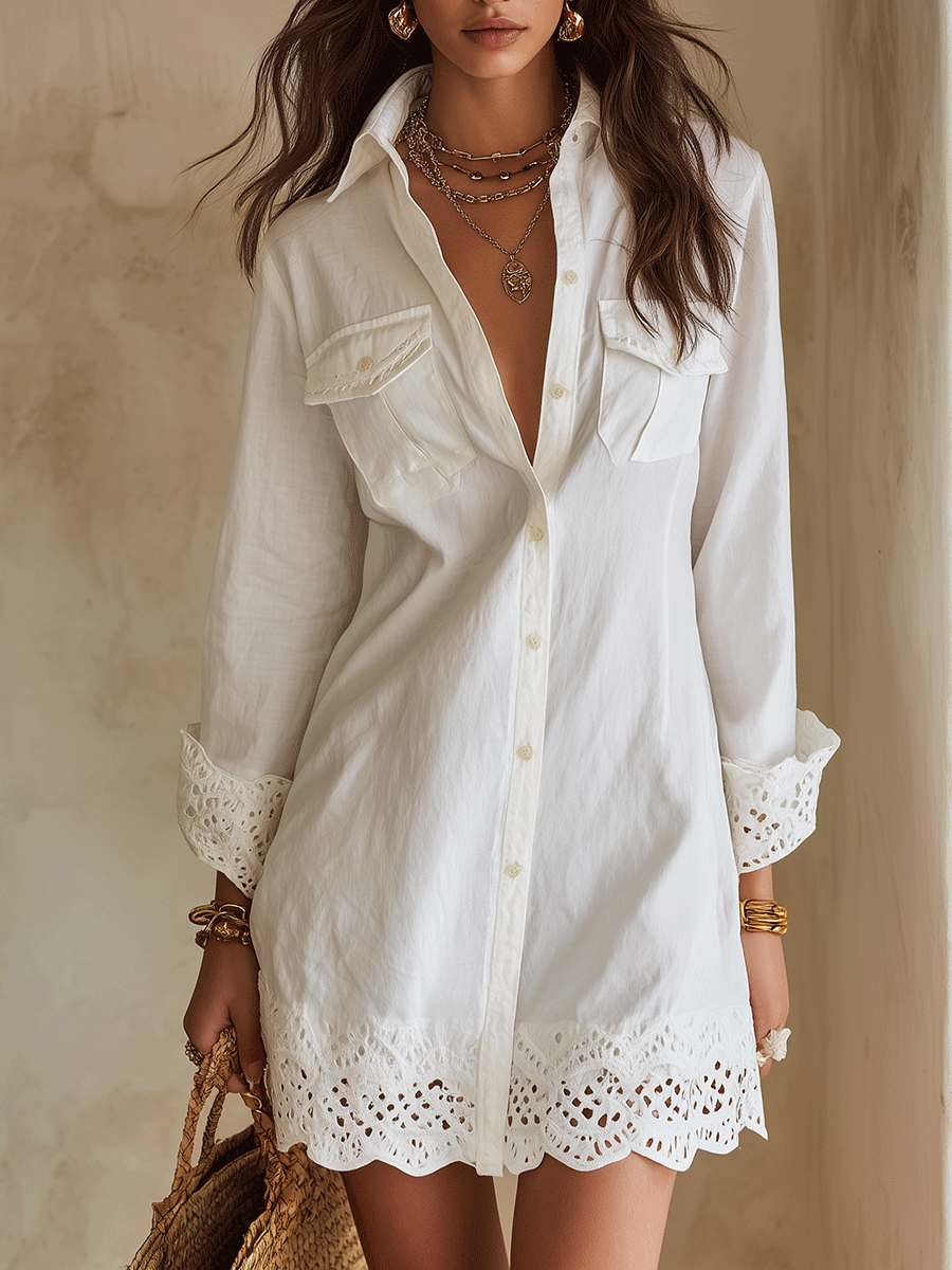 Vestito corto chemisier bianco in stile bohemiano con orlo a occhielli da resort
