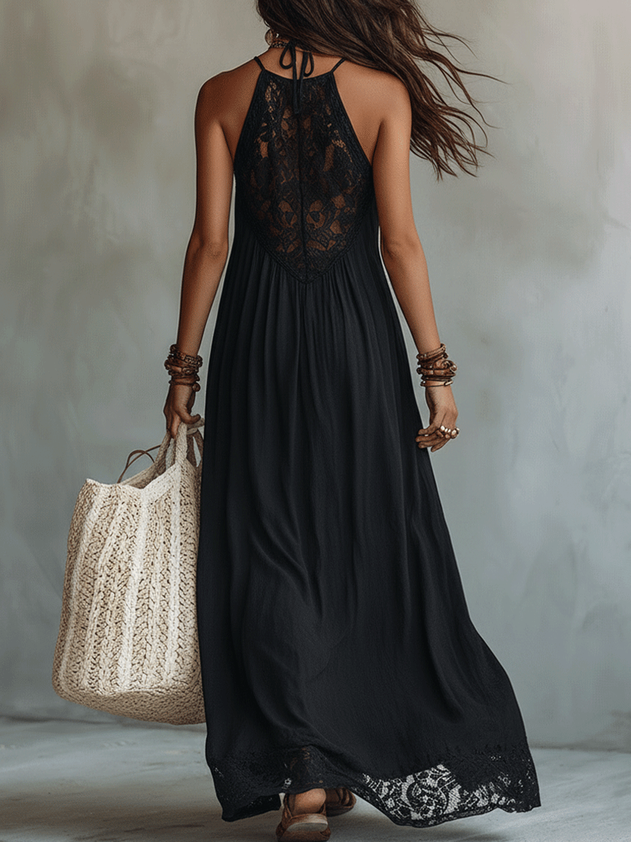 Elegante abito bohemiano senza maniche con drappeggio morbido, lungo da sera ad effetto