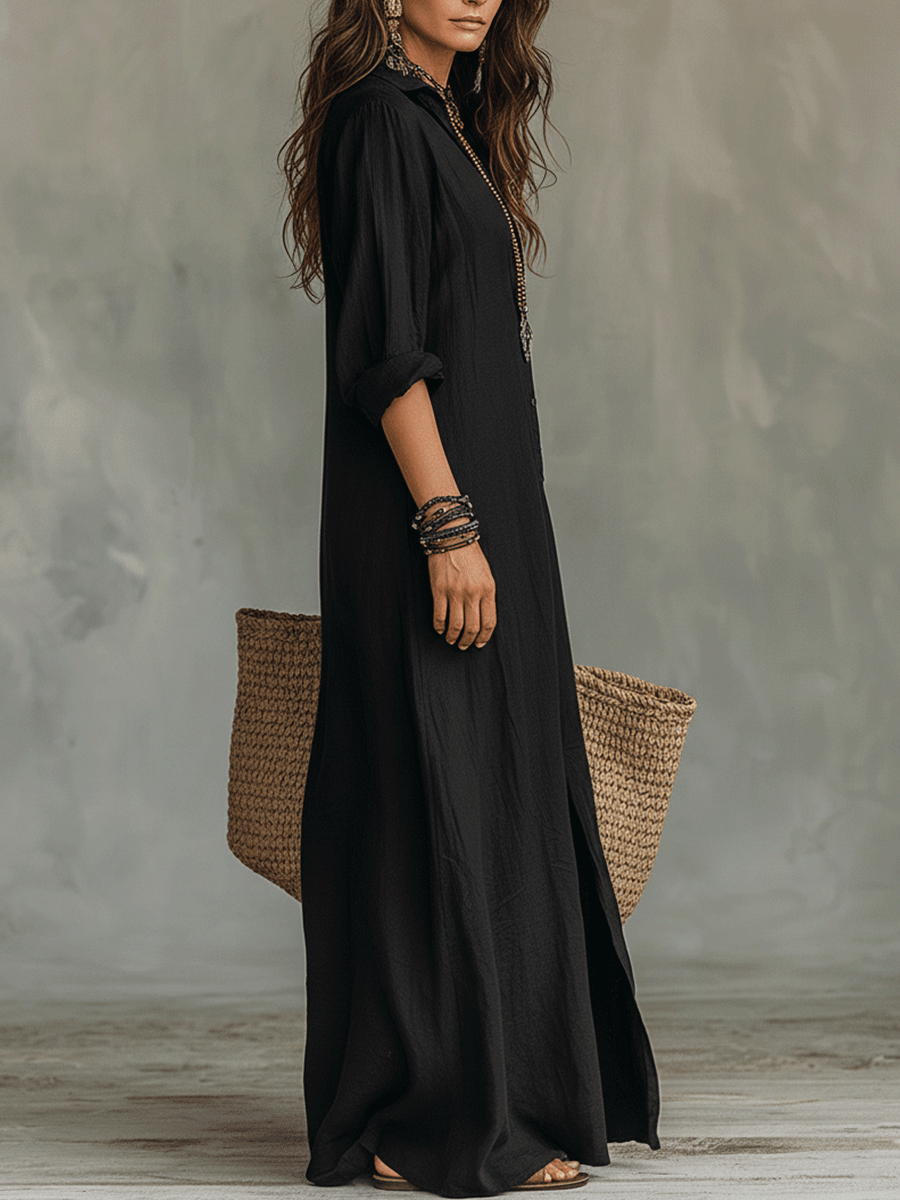 Abito lungo chemisier bohemiano con bottoni frontali, nero