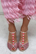 Sandali glitter Rosa e Rosso con cinturino a T, cuore e tacco a blocco