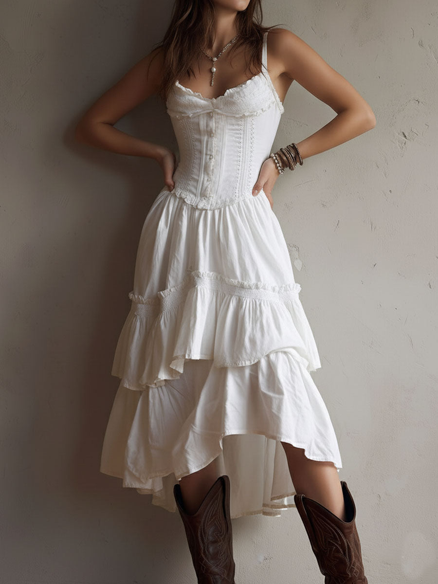 Vestito midi retrò boho a balze con corsetto e bordo in pizzo