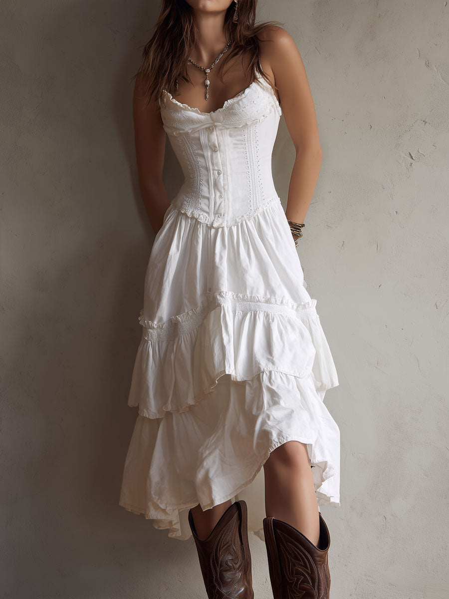 Vestito midi retrò boho a balze con corsetto e bordo in pizzo