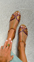 Sandali peep toe metallizzati Viola e Oro con cinturino a T