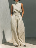 Flor™ | Completo minimalista di canotta e pantaloni a gamba larga in cotone e lino per donna