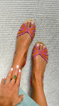 Sandali peep toe bassi Arancione e Rosa con cinturini