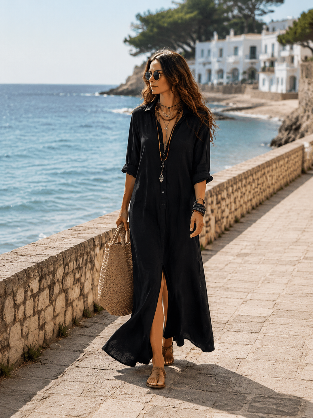 Abito lungo chemisier bohemiano con bottoni frontali, nero