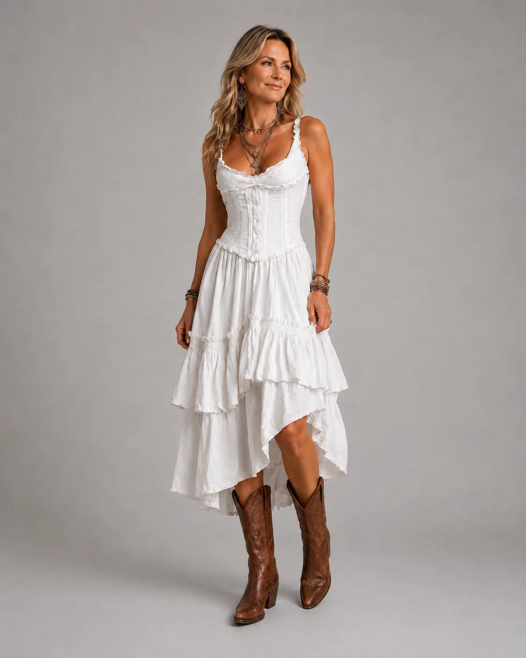 Vestito midi retrò boho a balze con corsetto e bordo in pizzo