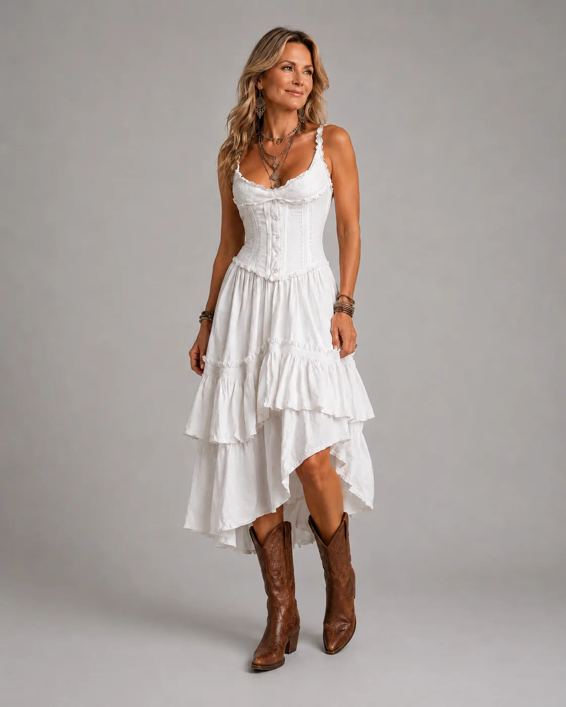 Vestito midi retrò boho a balze con corsetto e bordo in pizzo