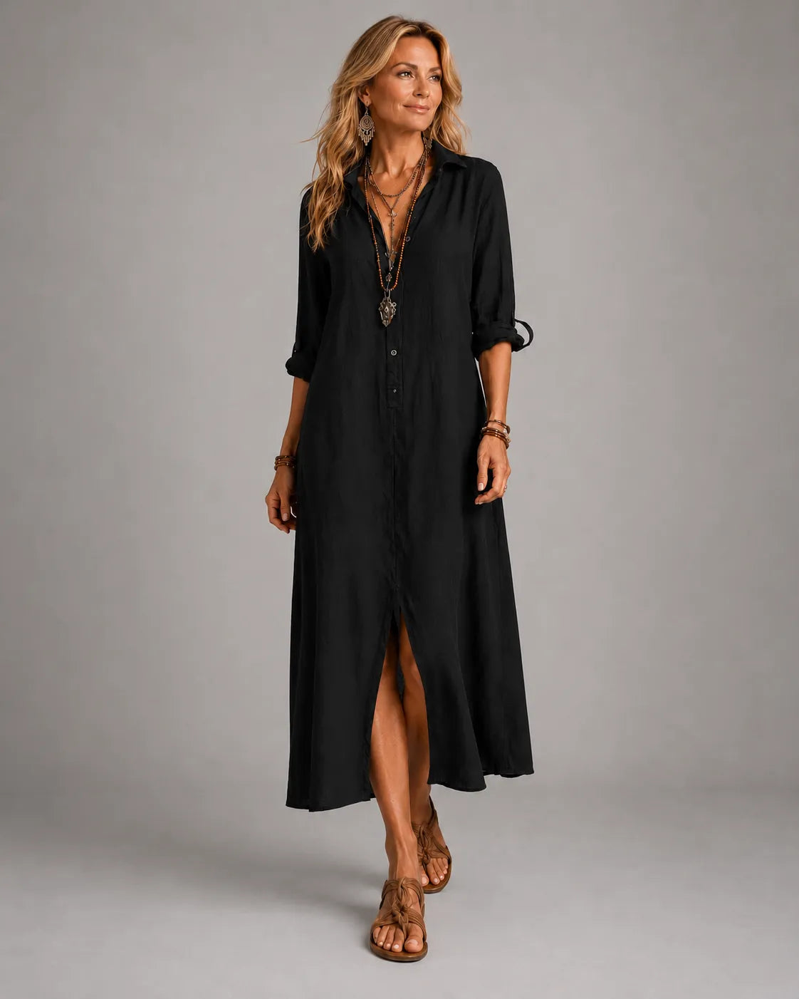 Abito lungo chemisier bohemiano con bottoni frontali, nero
