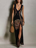 FIORA - ABITO LUNGO BOHO VINTAGE CON STAMPA ETNICA E SPACCO