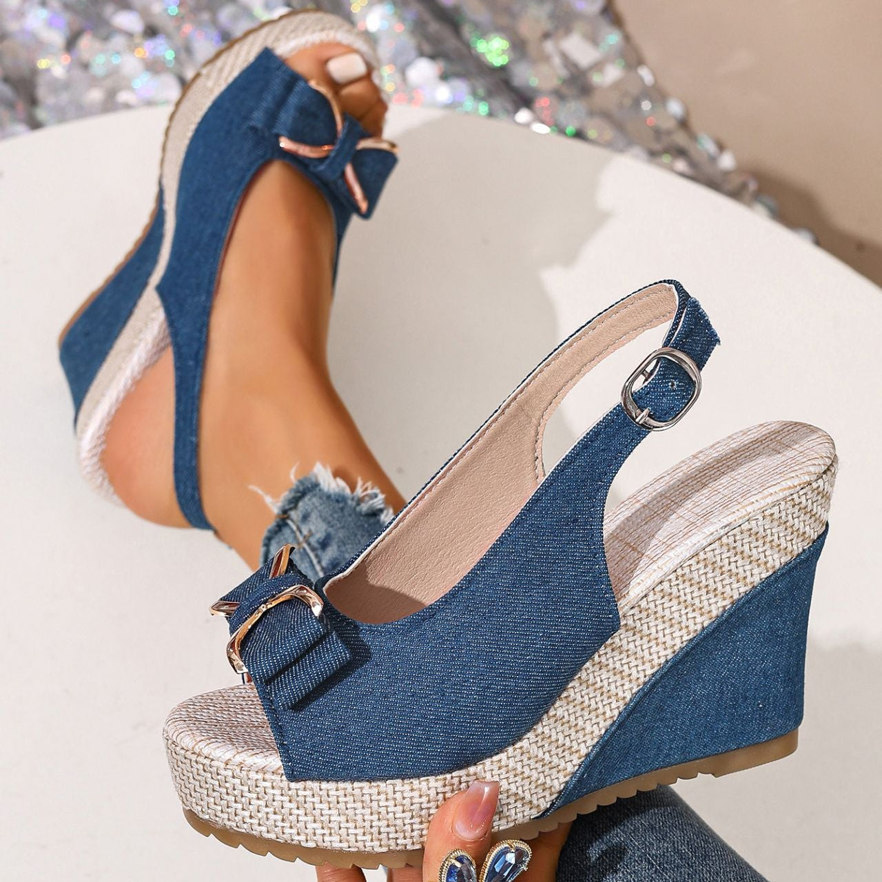 Sandali a zeppa Celeste in denim con fiocco