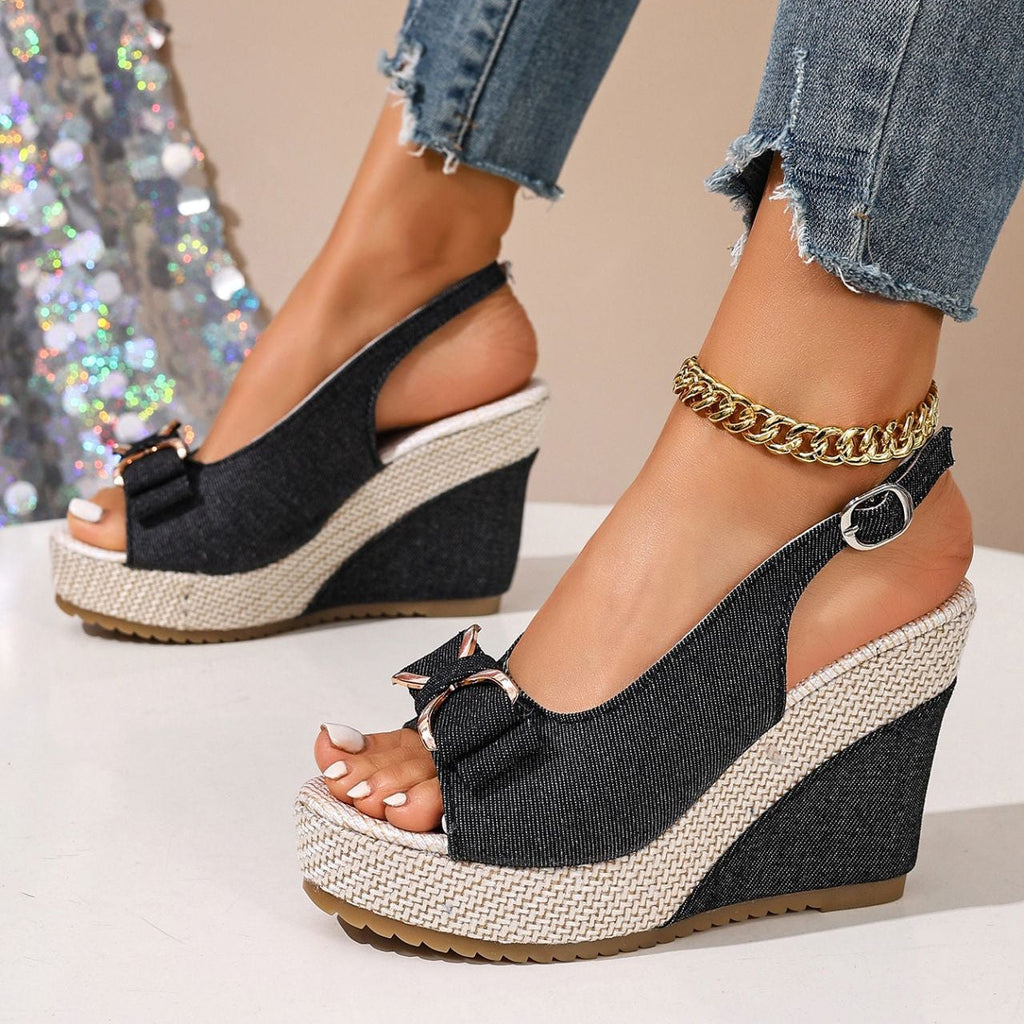 Sandali a zeppa Celeste in denim con fiocco