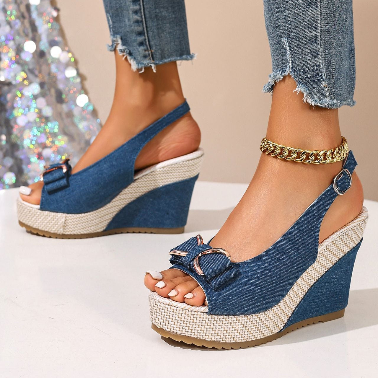 Sandali a zeppa Celeste in denim con fiocco