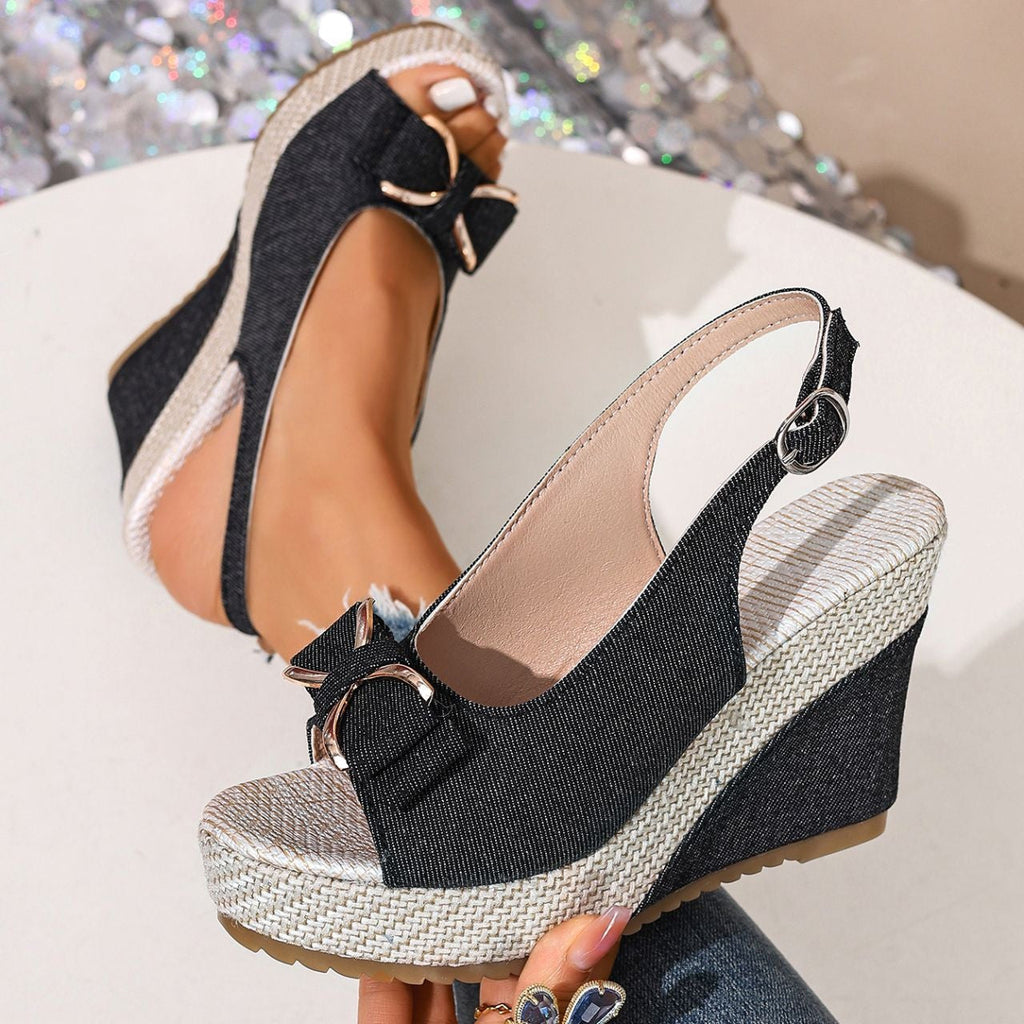 Sandali a zeppa Celeste in denim con fiocco