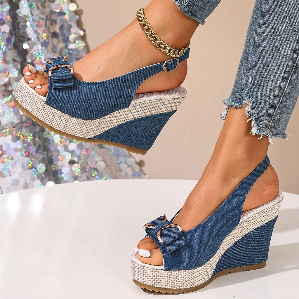 Sandali a zeppa Celeste in denim con fiocco