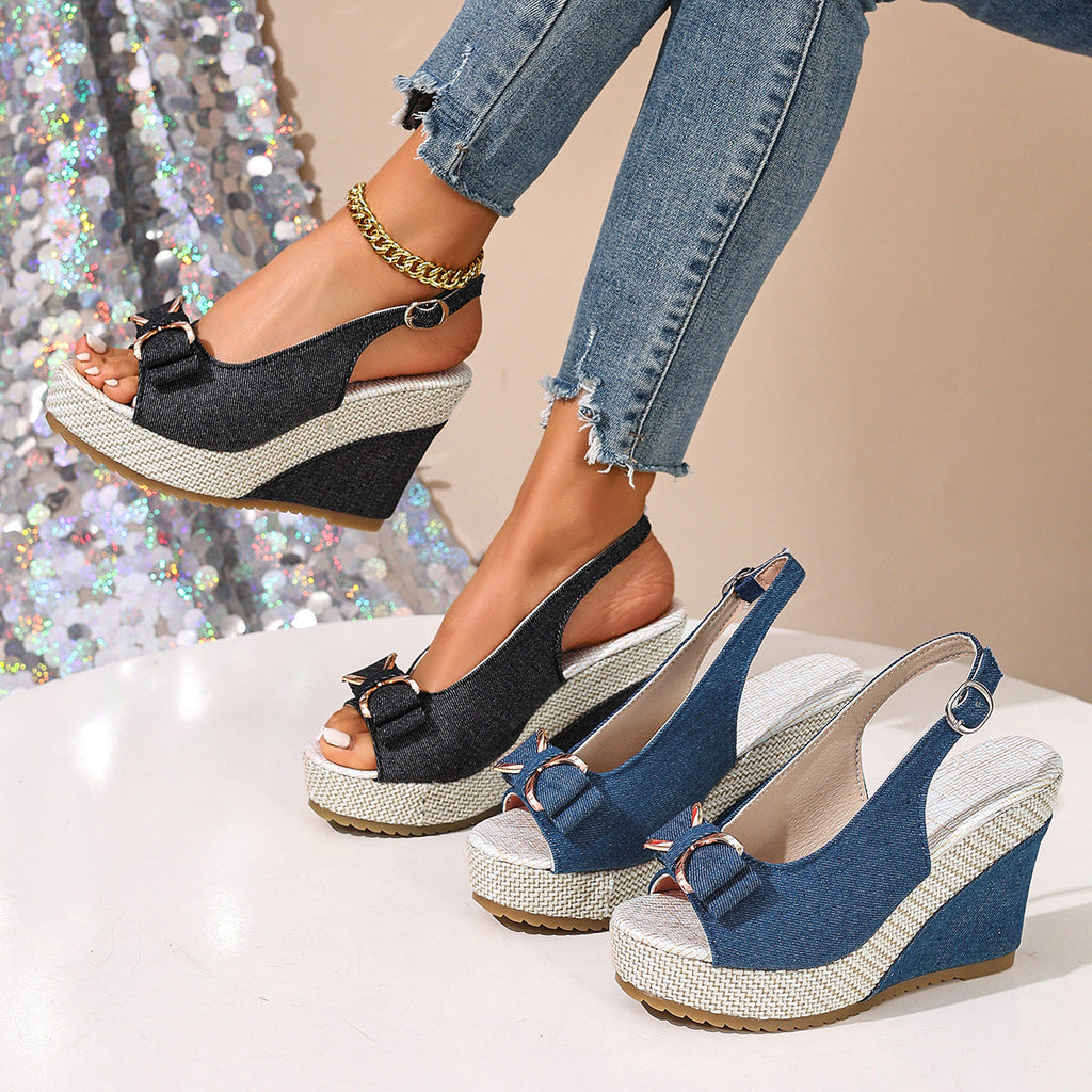 Sandali a zeppa Celeste in denim con fiocco