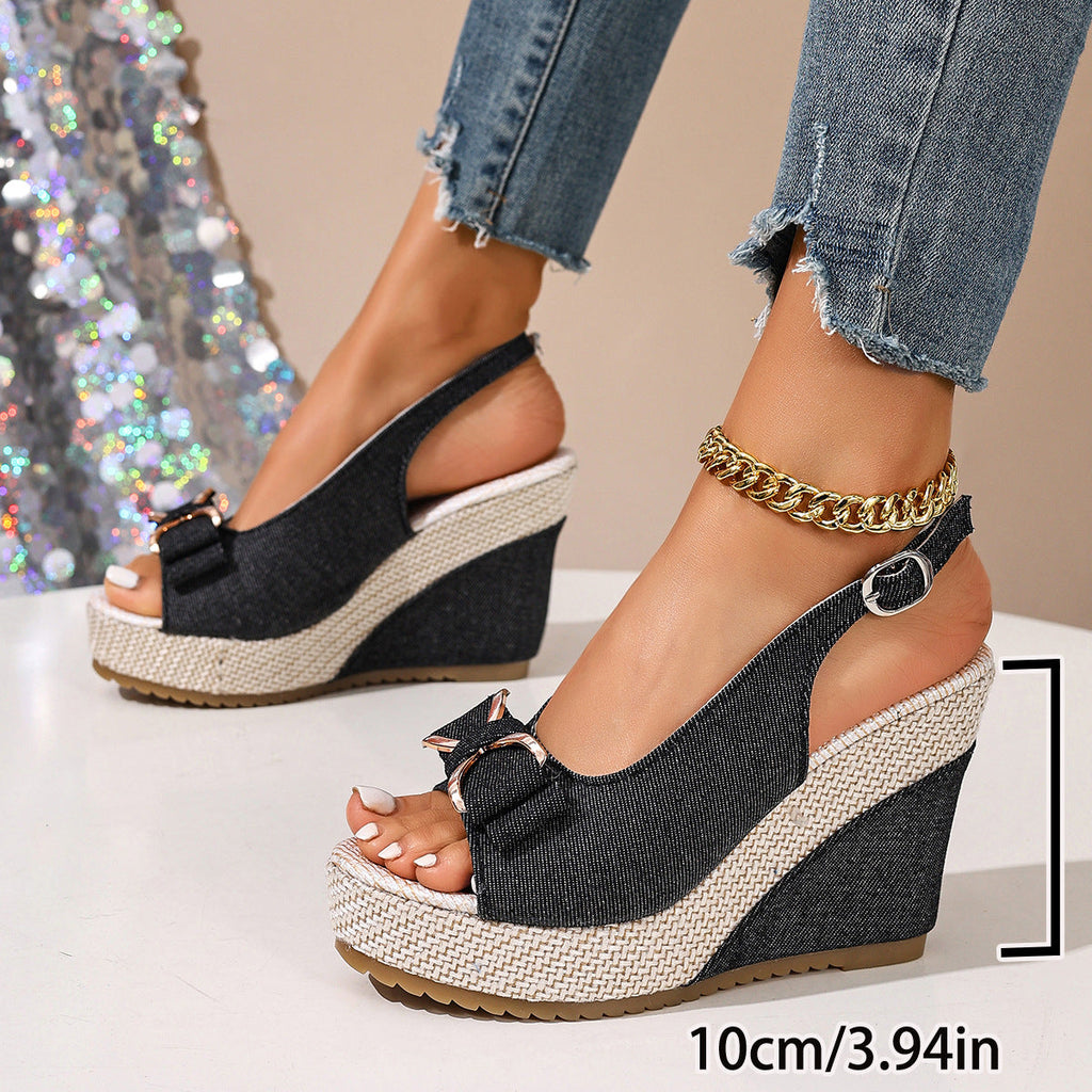 Sandali a zeppa Celeste in denim con fiocco