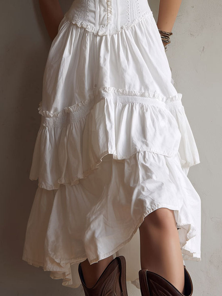 Vestito midi retrò boho a balze con corsetto e bordo in pizzo