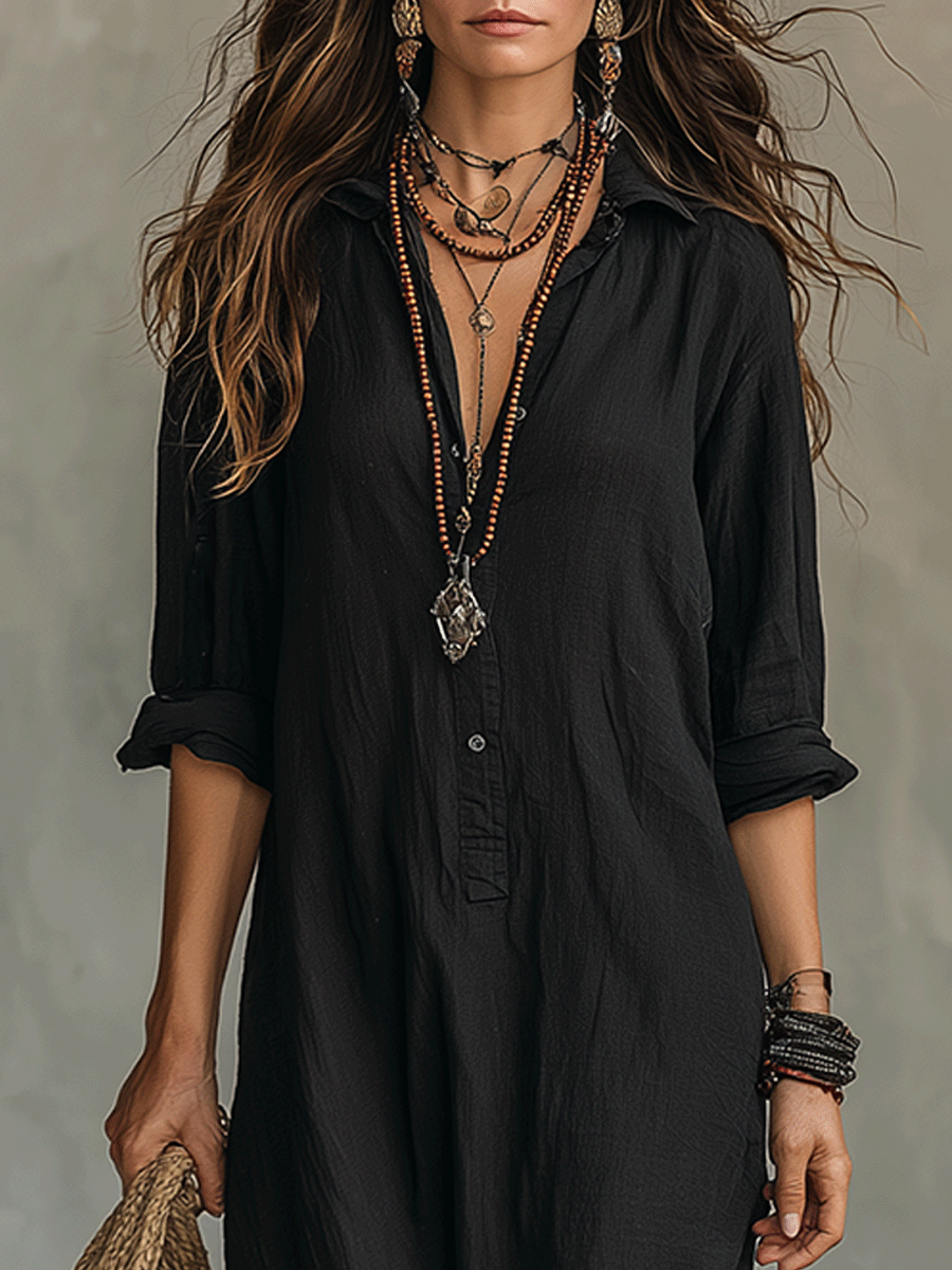 Abito lungo chemisier bohemiano con bottoni frontali, nero