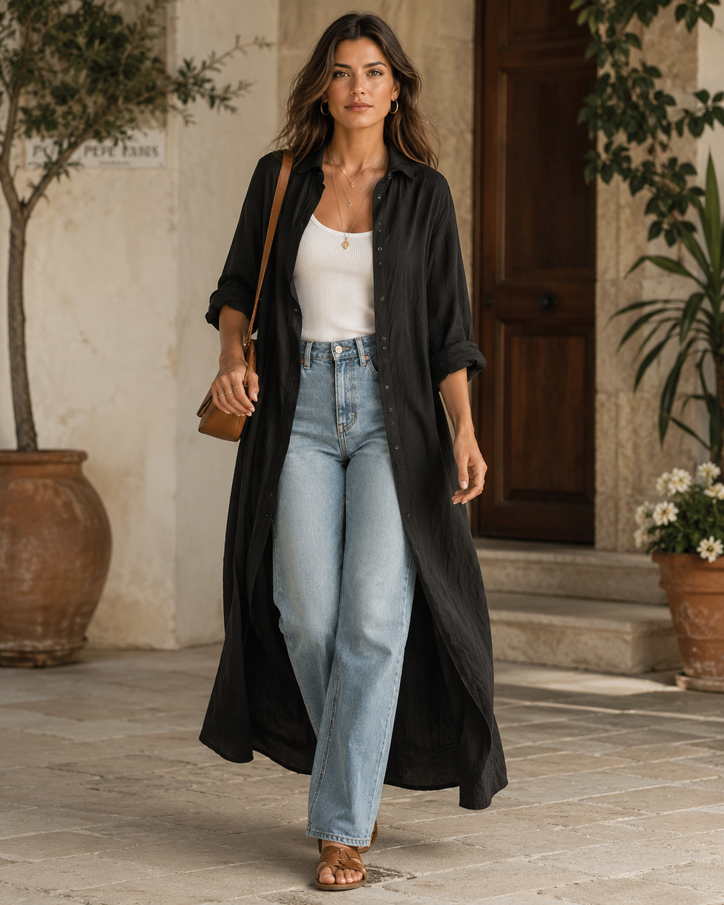 Abito lungo chemisier bohemiano con bottoni frontali, nero